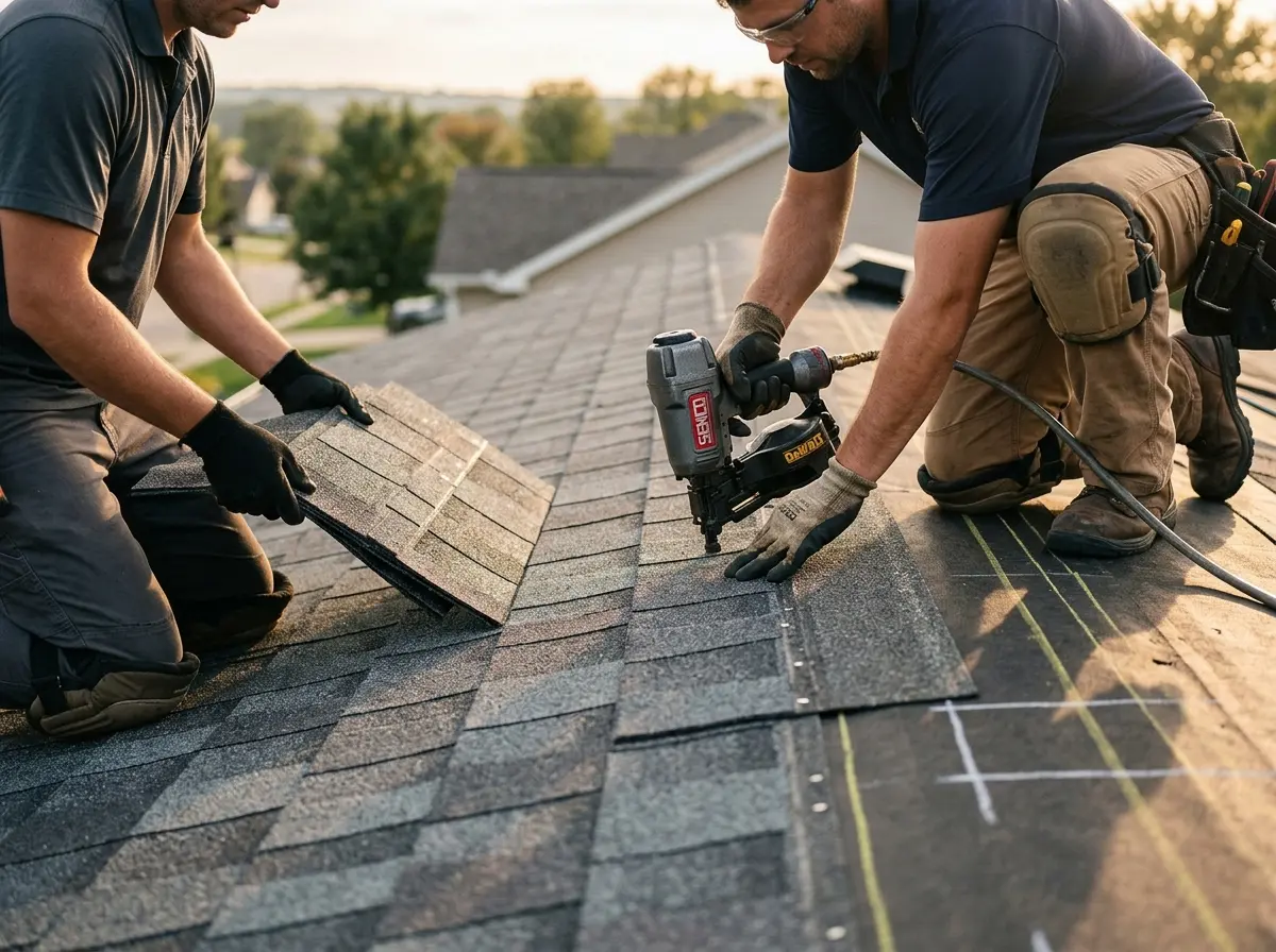 Professional roofer working on a residential roof in Wharton